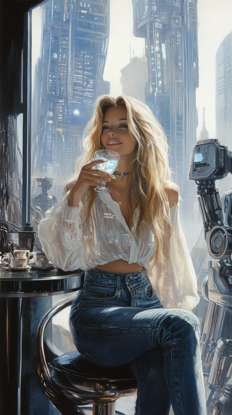 Smiling blonde woman relaxing in a futuristic restaurant