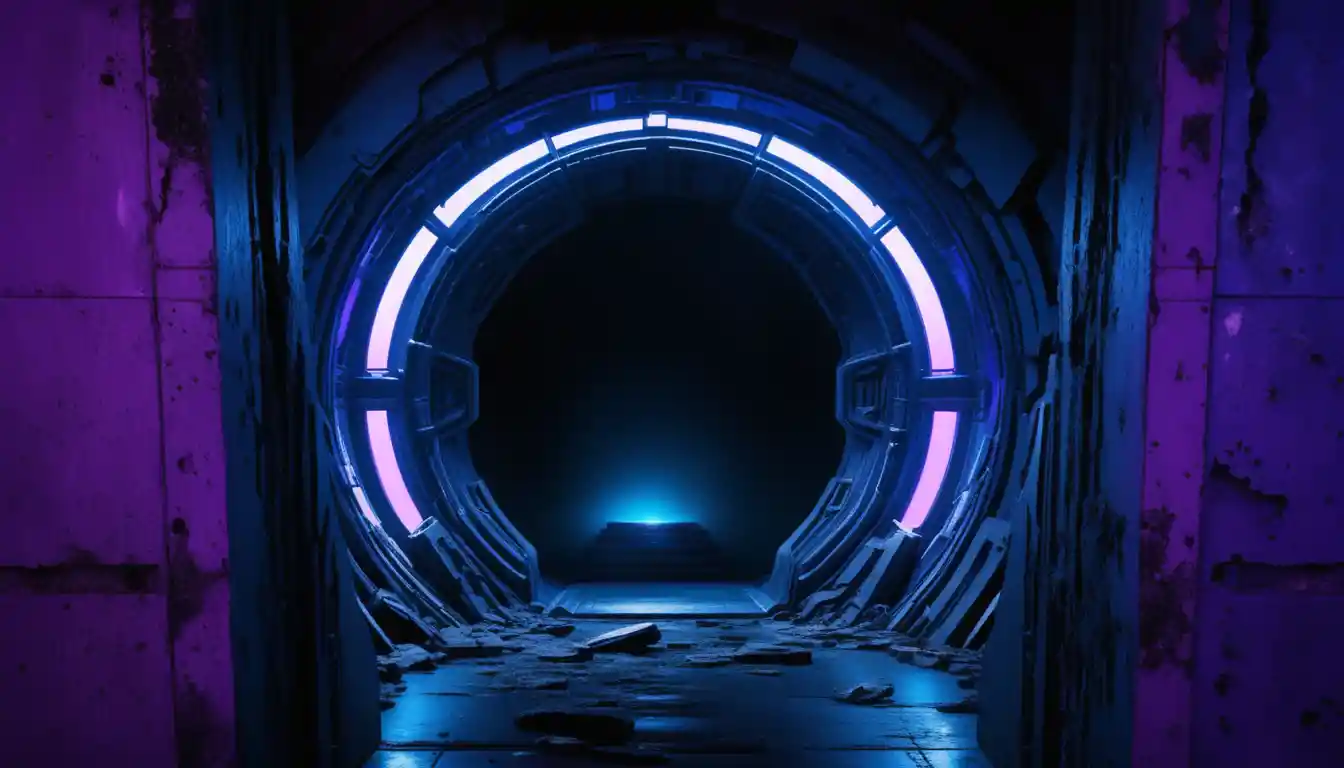 Futuristic alien ruin doorway glowing with blue and purple light