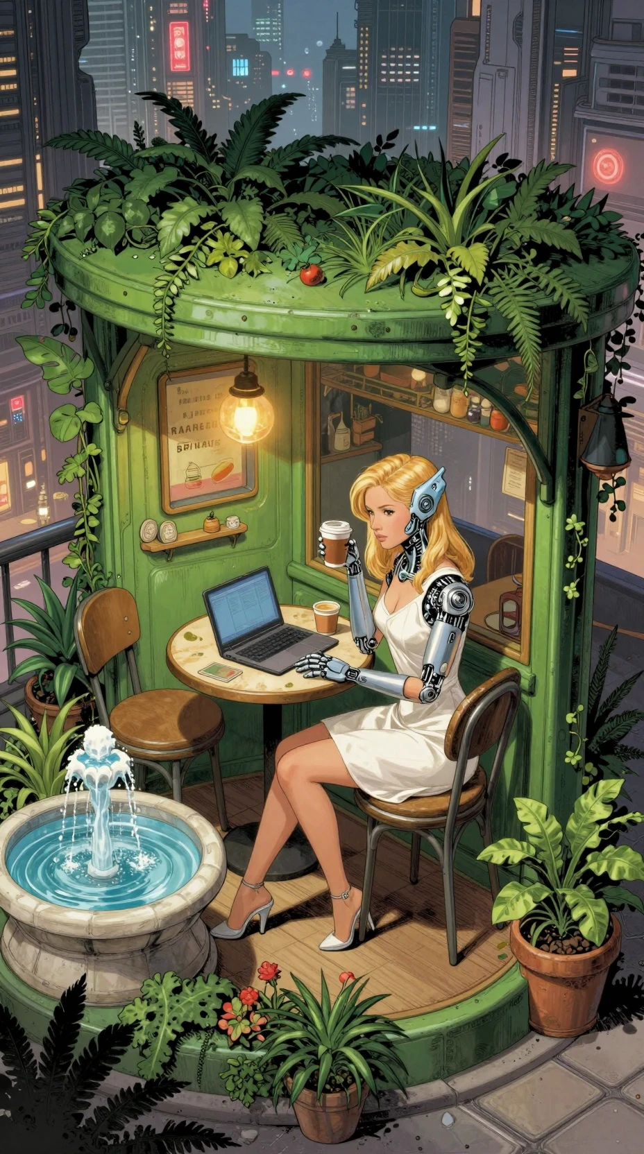 Cyberpunk woman in white dress at cafe in green nook