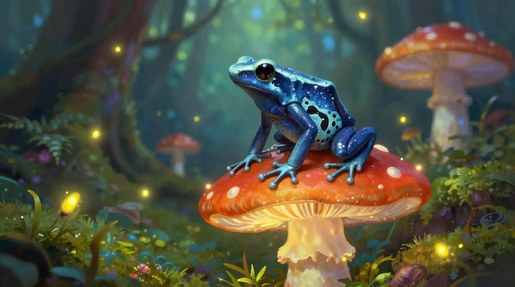 Poison dart frog on luminous mushroom in enchanted forest