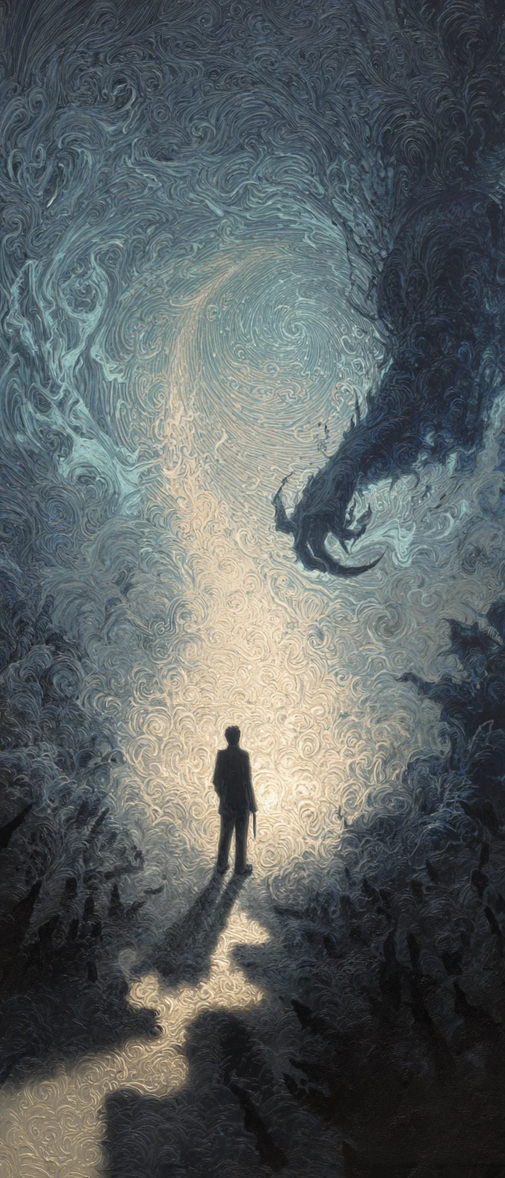 Figure At A Crossroads Before A Swirling Vortex Portal