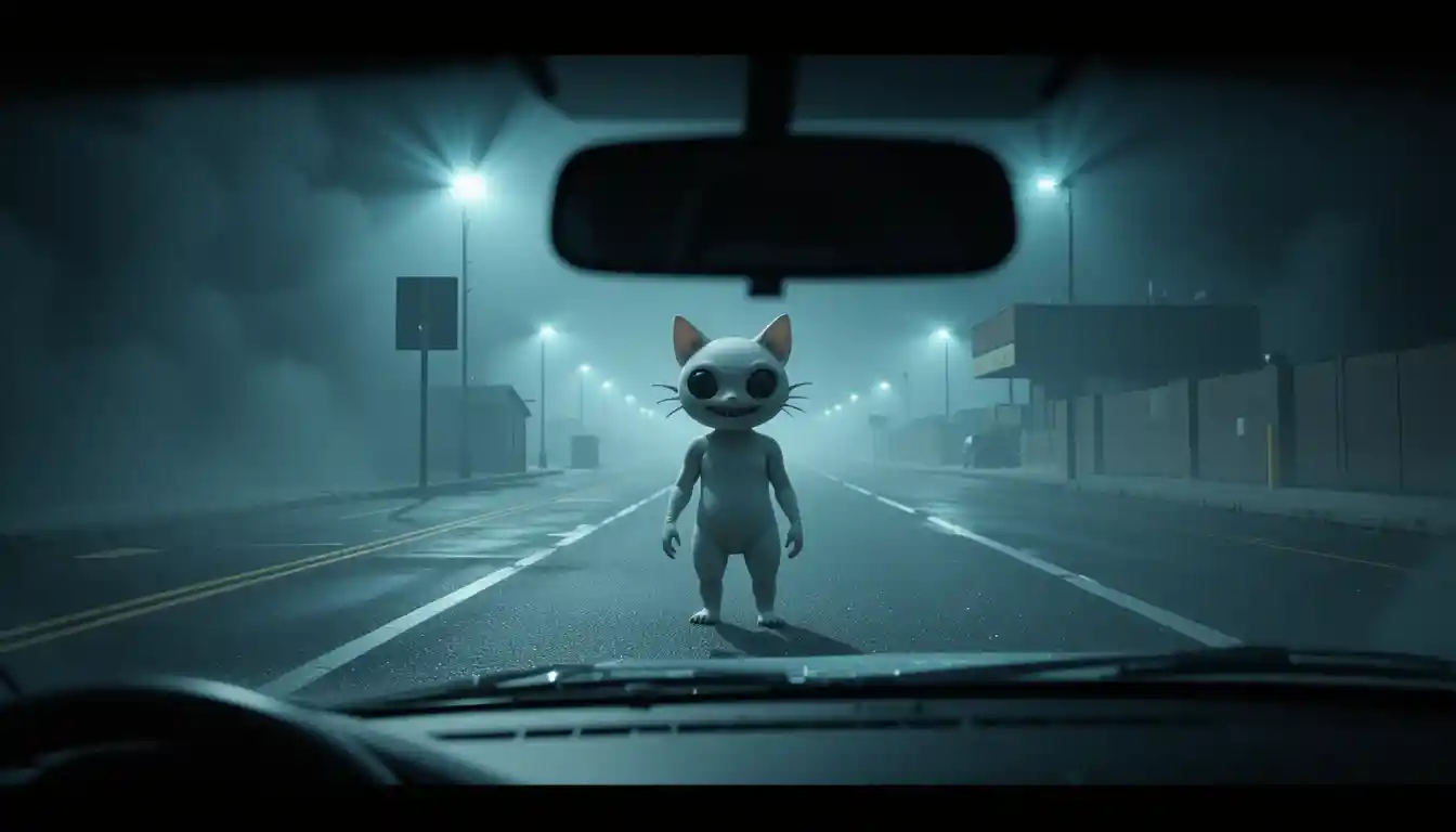 Driver view of eerie white 3D cat in foggy lot