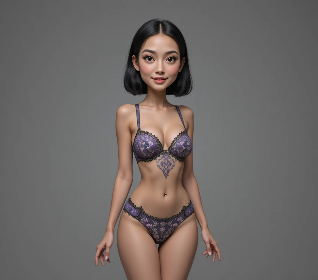 Young woman in plaid lingerie against simple gray background