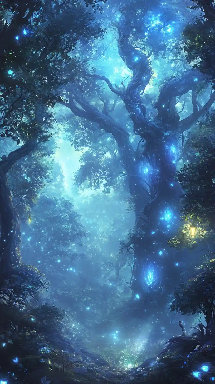 Fée Mystique Perchée dans une Forêt Enchantée Lumineuse
