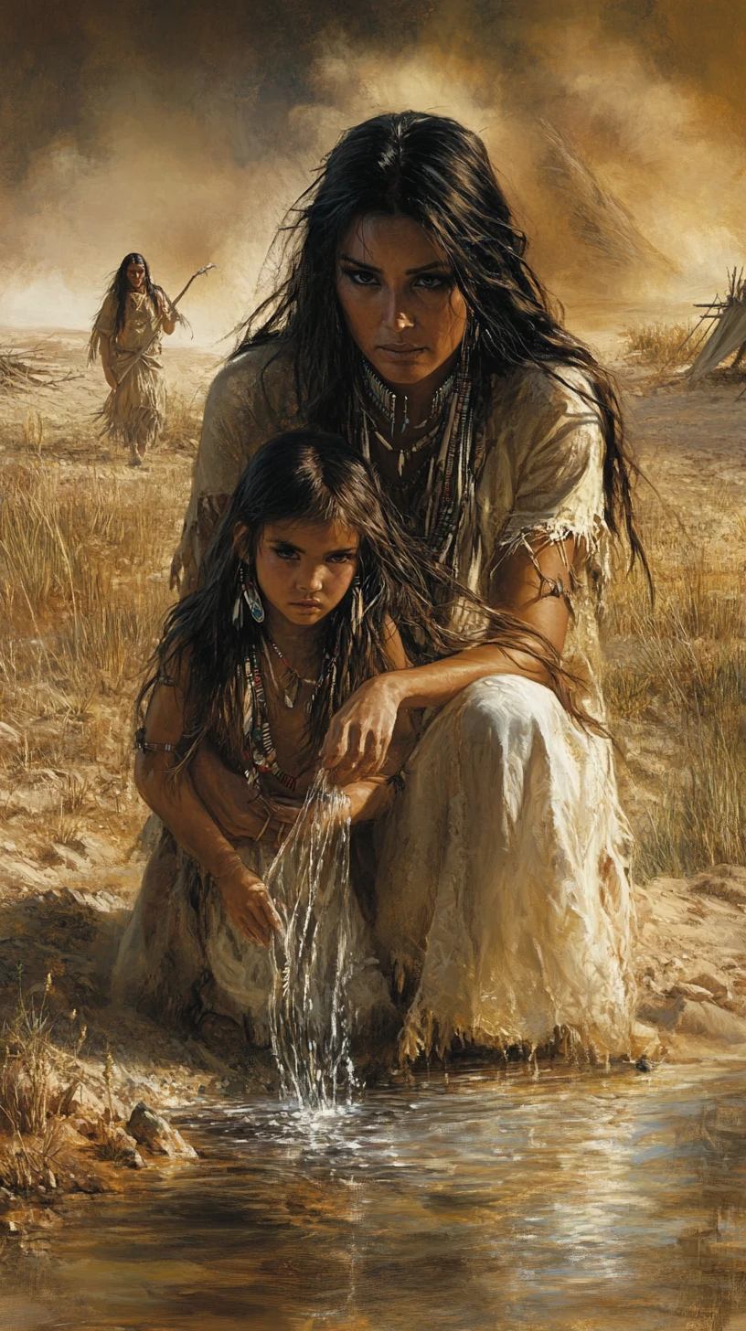 Native American woman and child by a quiet desert stream