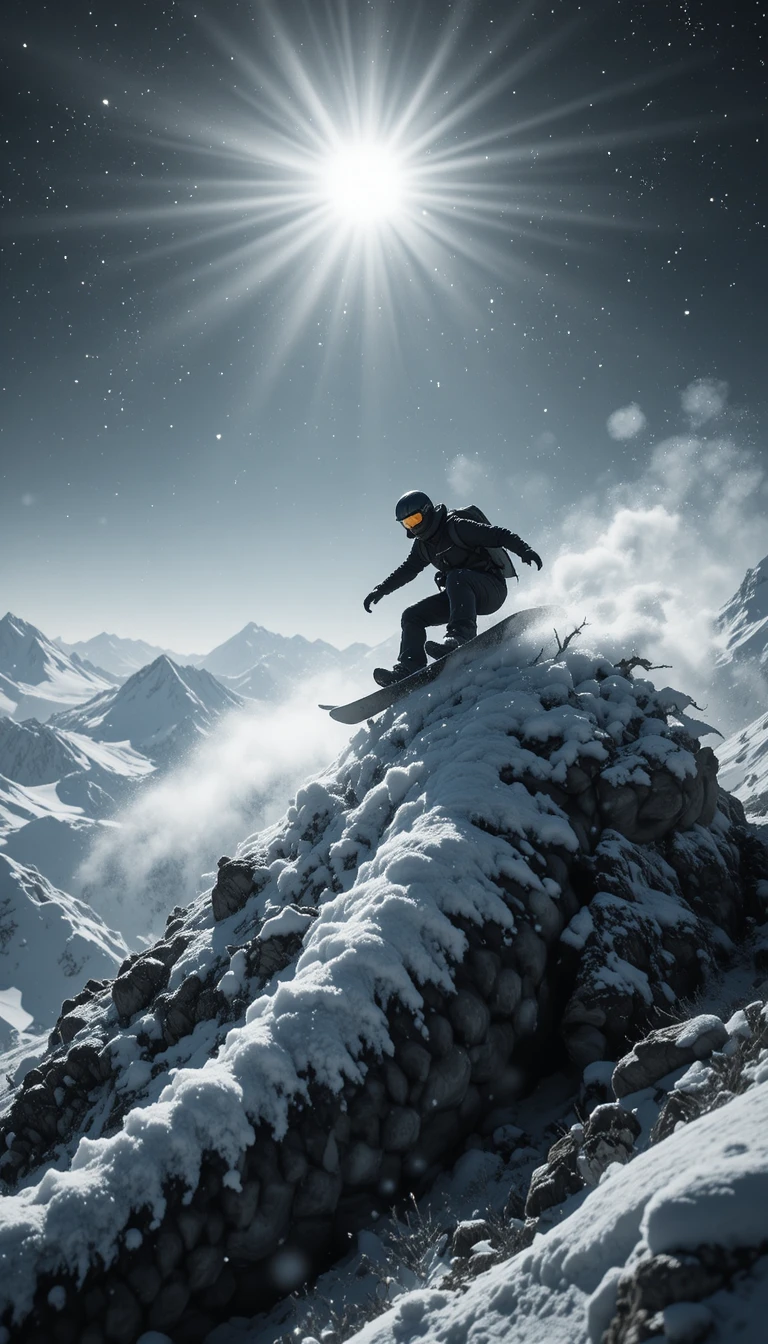 Snowboarder sobre un dragón cubierto de nieve en la cima de la montaña
