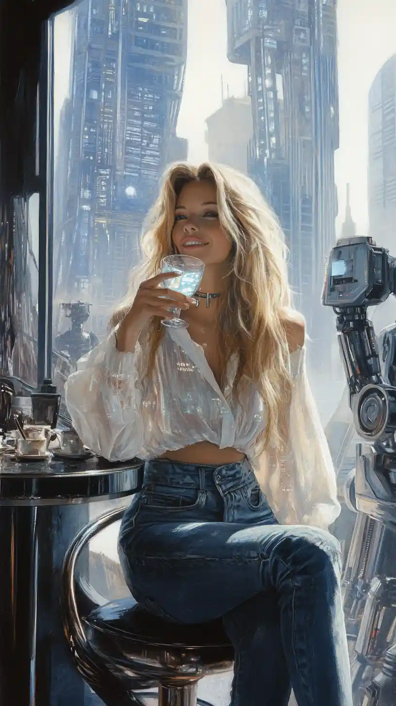 Smiling blonde woman relaxing in a futuristic restaurant