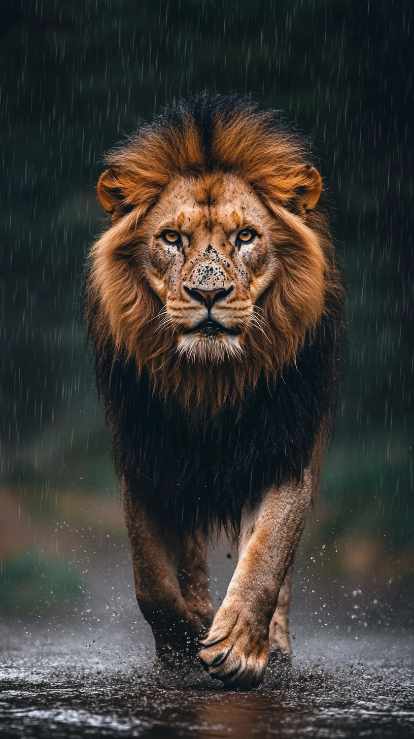Roaring male lion walking forward under heavy rain
