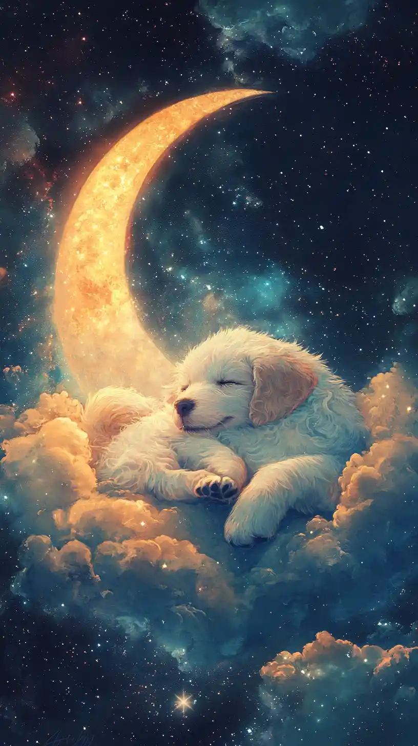 Cucciolo di luce stellare che dorme rannicchiato su una luna crescente