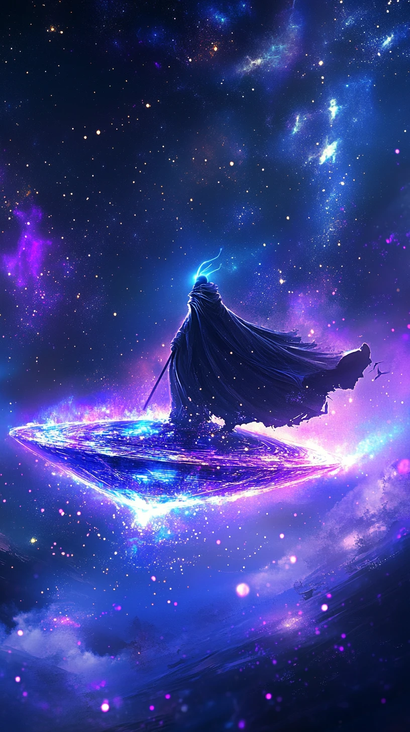 星空の下に佇むフード姿のエイリアンと光り輝くUFO