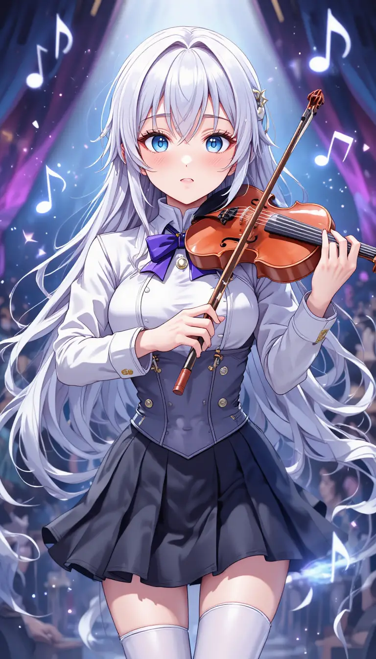 Anime girl playing violin with magical glowing music notes