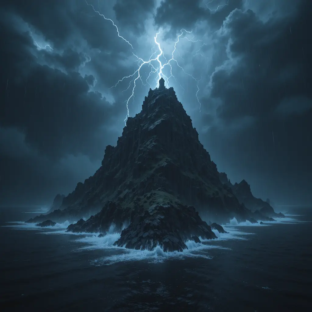 Stormy aerial view of a dark rocky island at sea