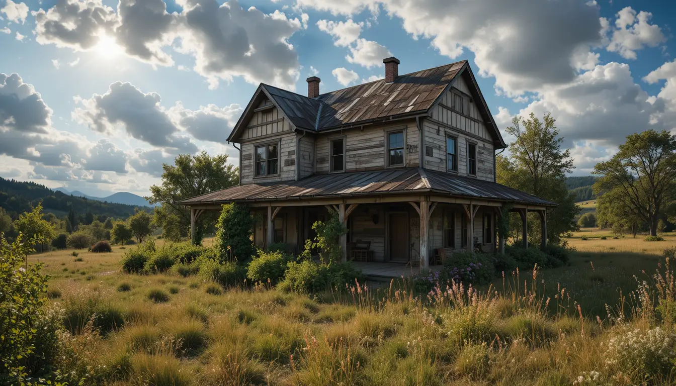 Rustic farmhouse in soft sunlight with weathered facade