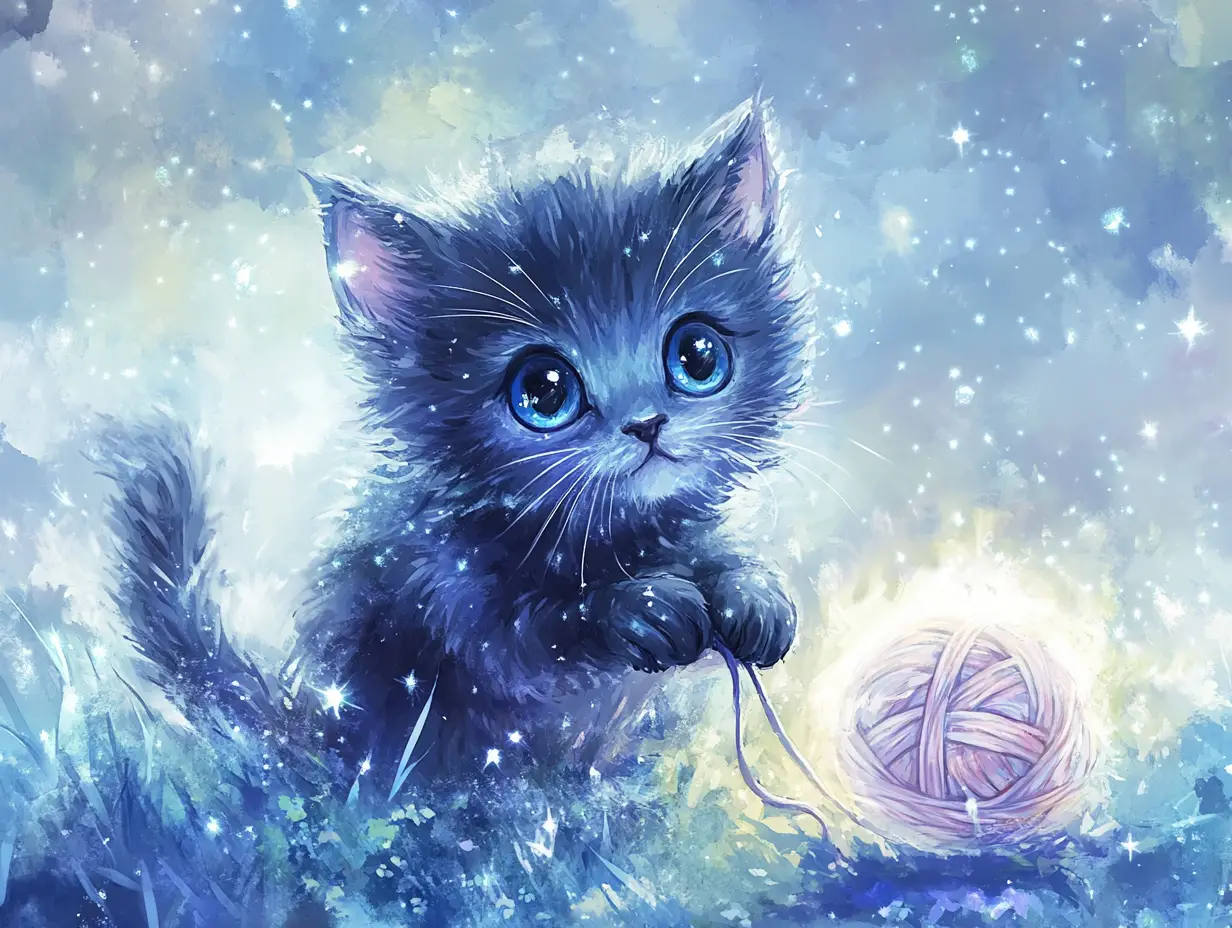 魔法の草原で光る毛糸を追いかける小さな子猫