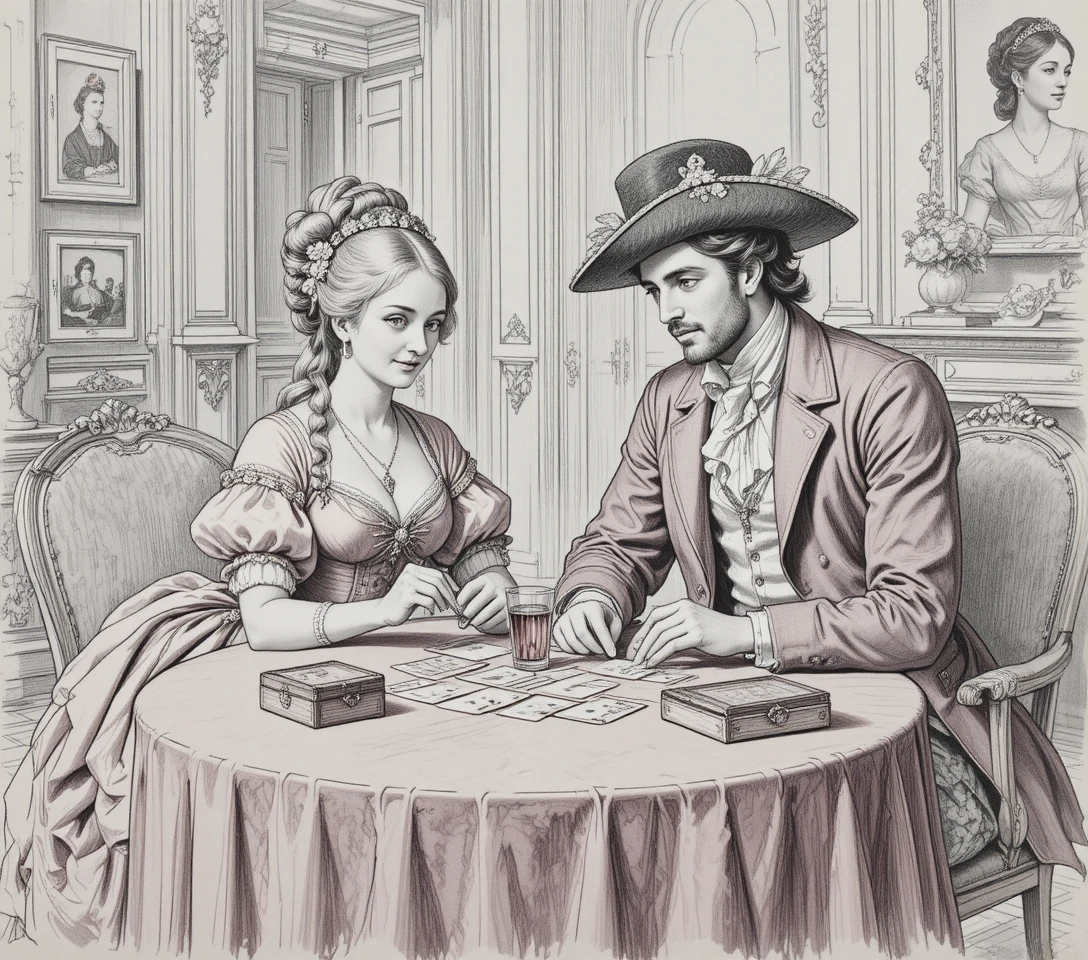 Elegant eighteenth century couple playing cards indoors