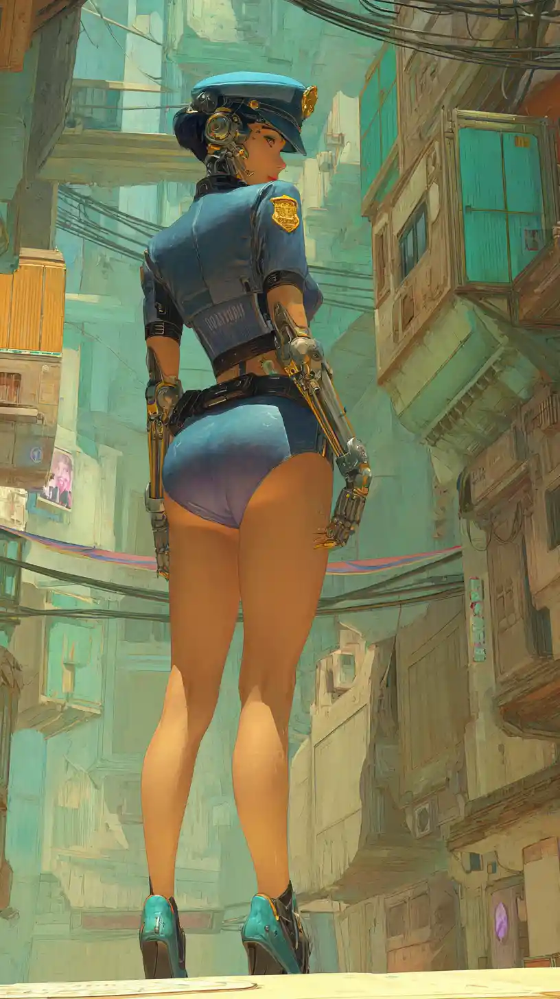 Cybernetic police woman investigating a crime in alien city