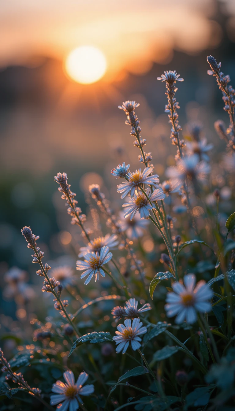 Tau bedeckte Wildblumen leuchten sanft im warmen Abendlicht