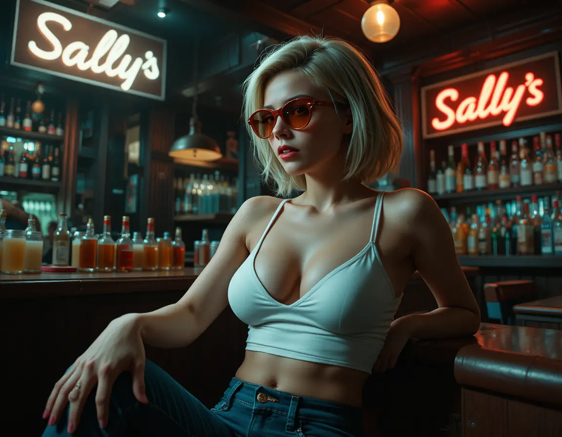 Sensual blonde woman in glasses posing in white crop top