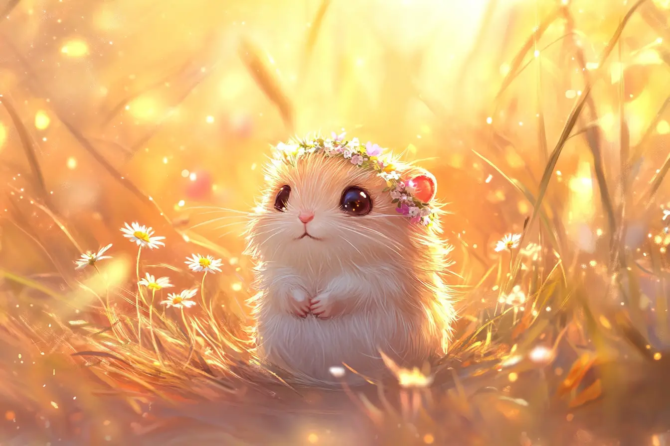 Cute Chibi Pocket Gopher In A Flower Crown At Sunset