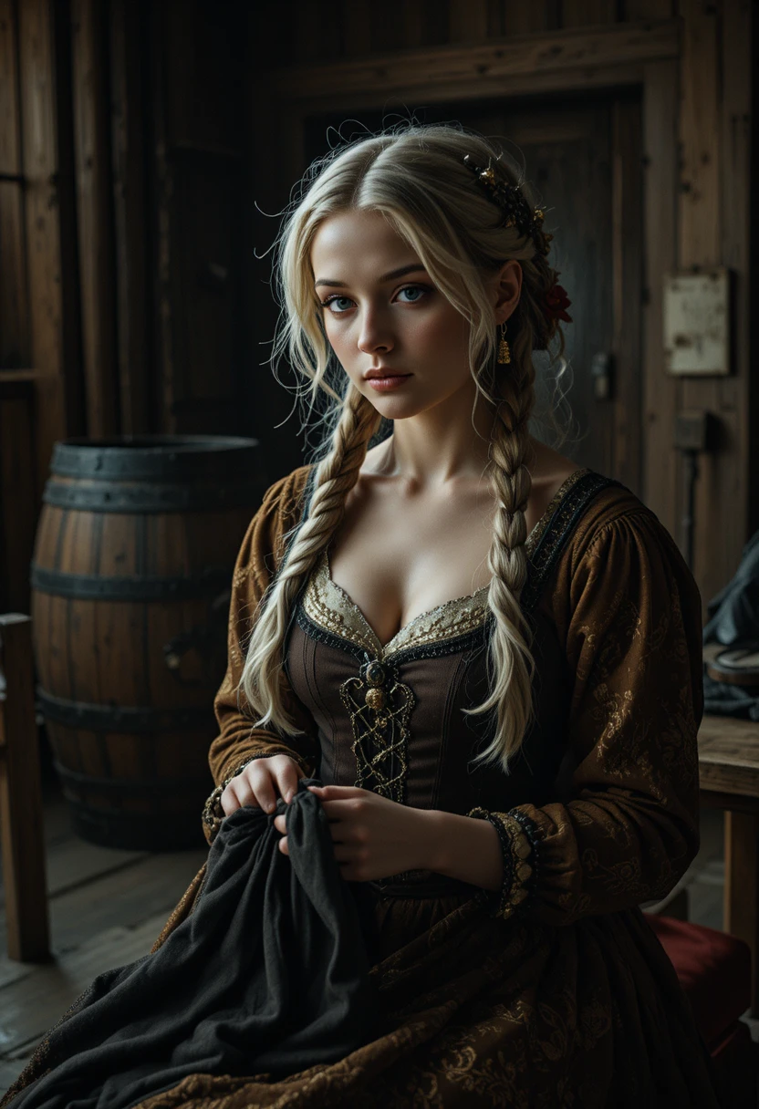 Medieval dressed woman sewing in a rustic wooden room