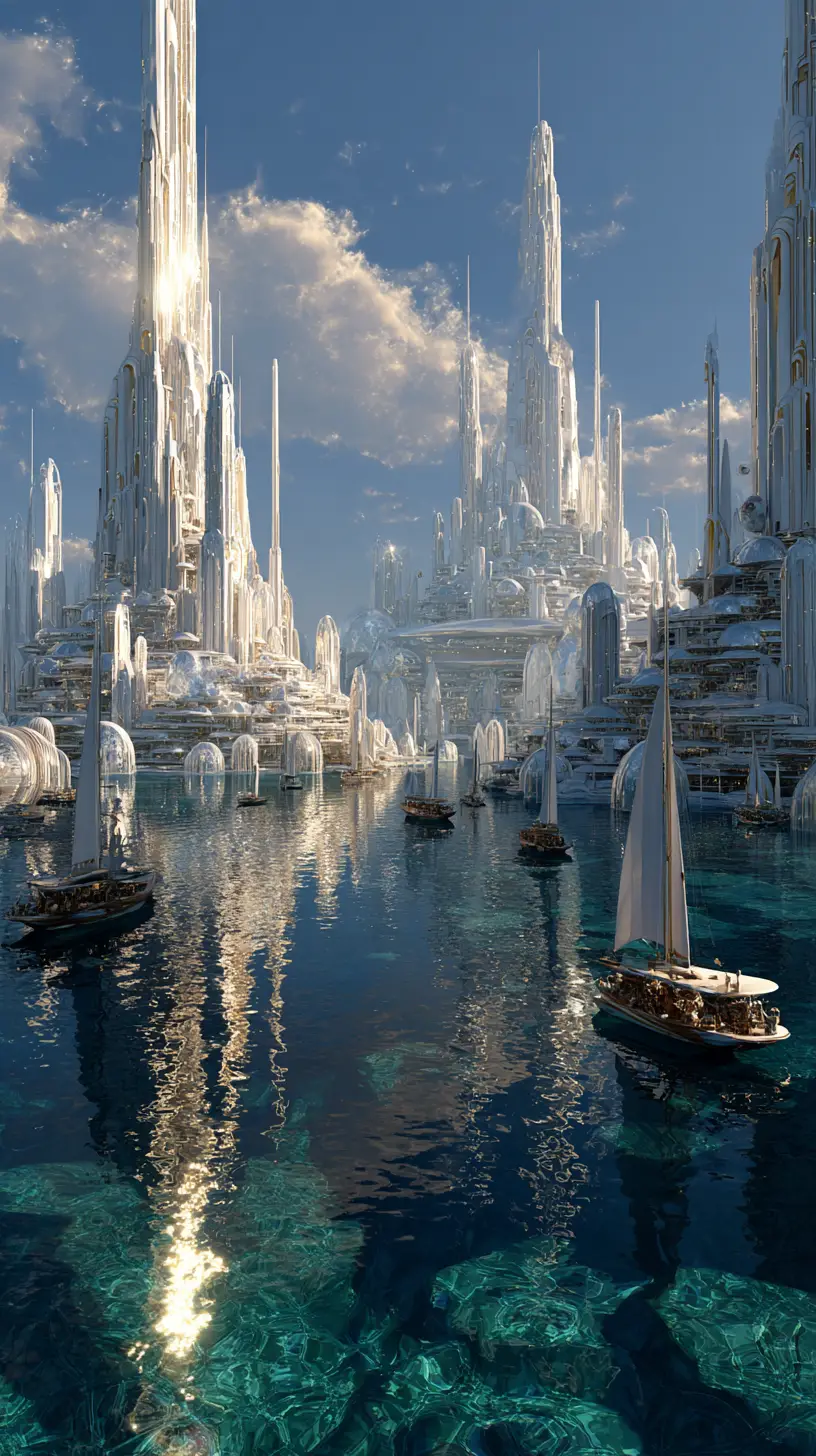 Ancient Atlantis city with concentric ocean rings and temples