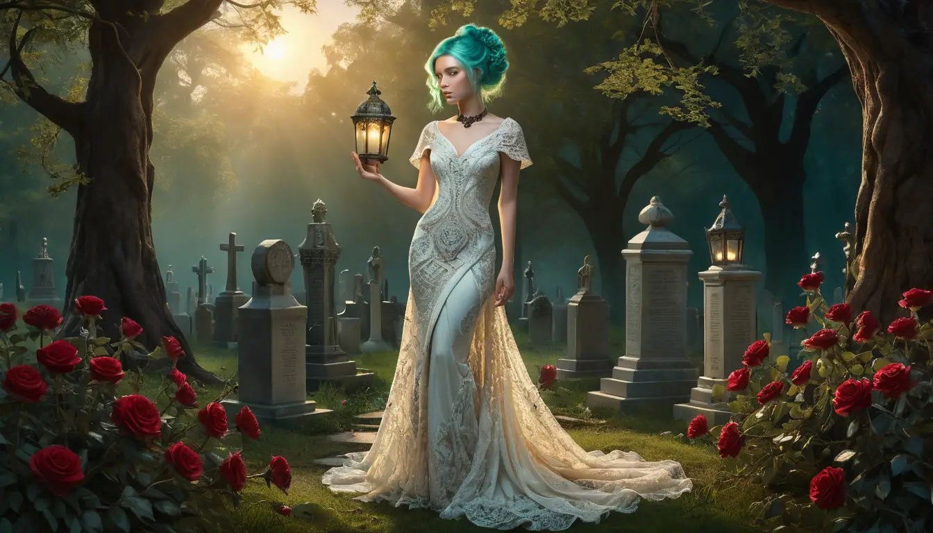 Mystical green eyed woman in a cosmic baroque universe