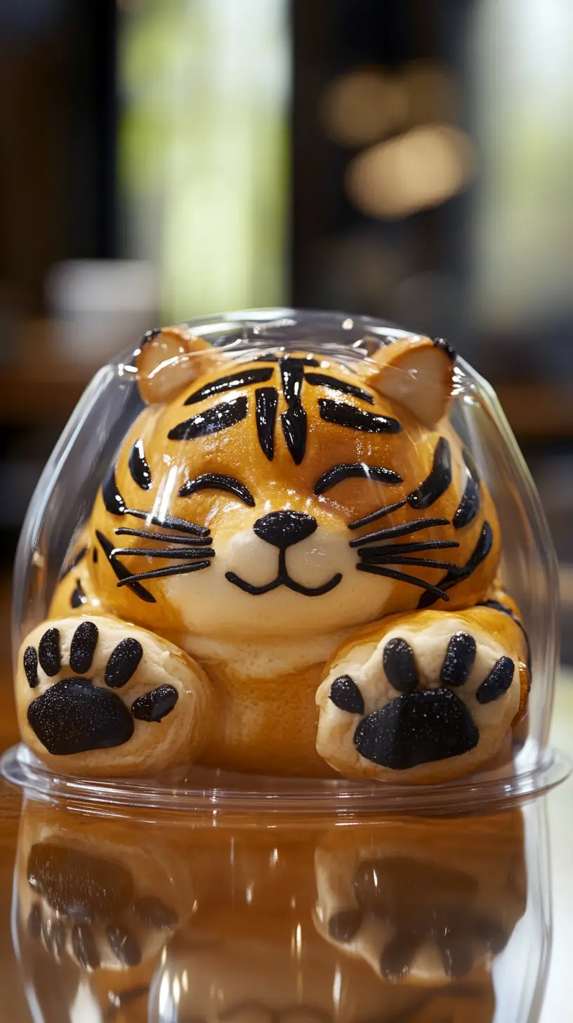 Tiger shaped bread bun in a clear plastic container