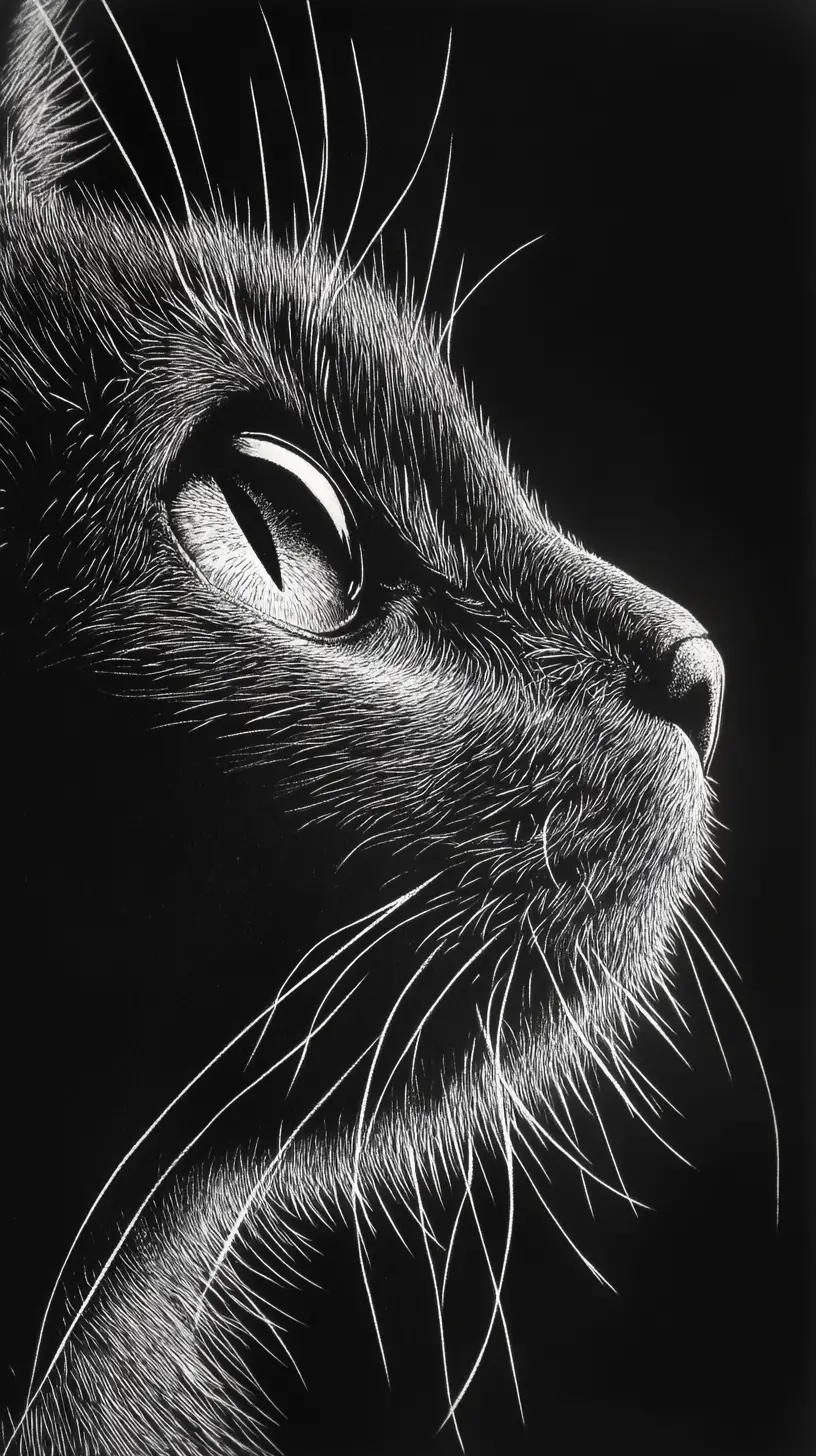 Extreme close up scratchboard portrait of a black cat