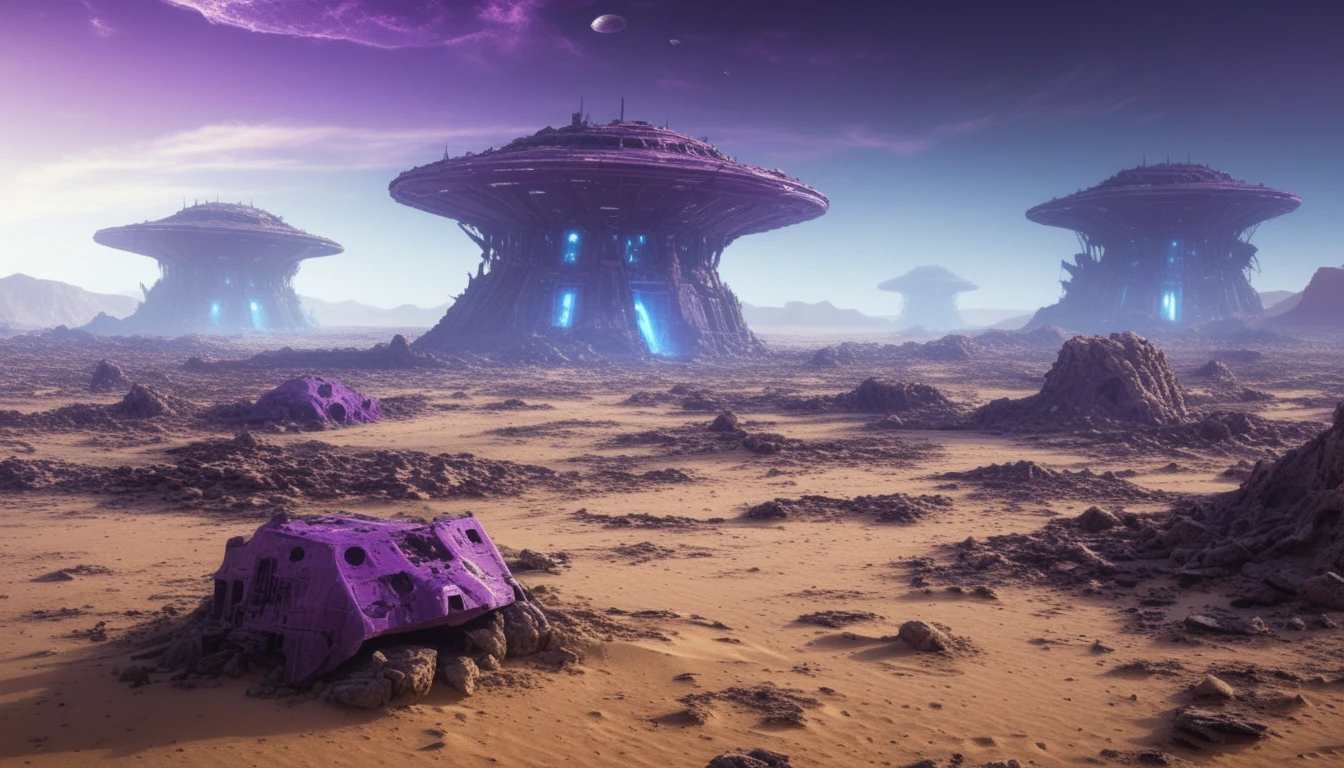 Desolate Alien Desert With Futuristic Ruins Under Purple Sky