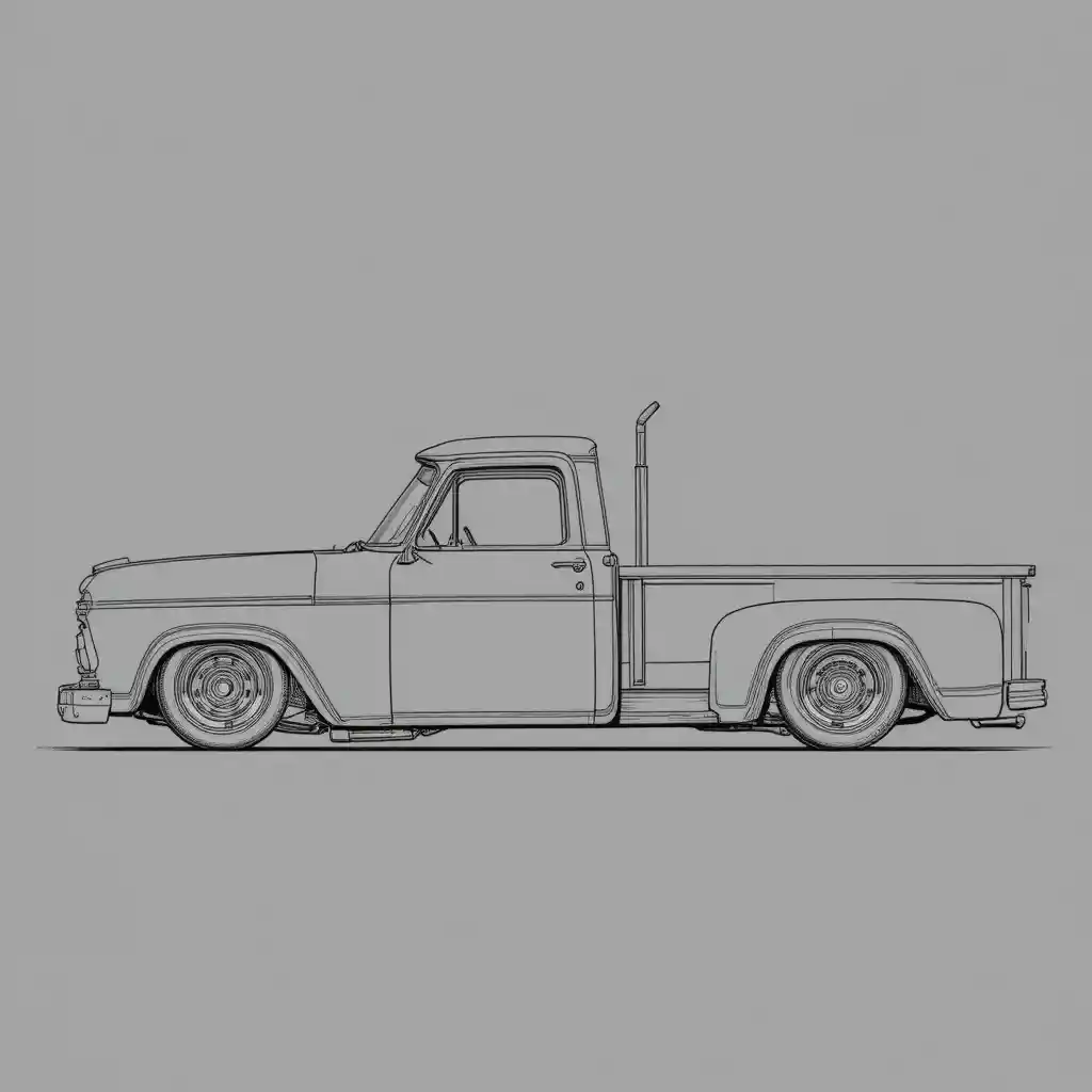 Disegno laterale di un camion Dodge flatbed ribassato e personalizzato