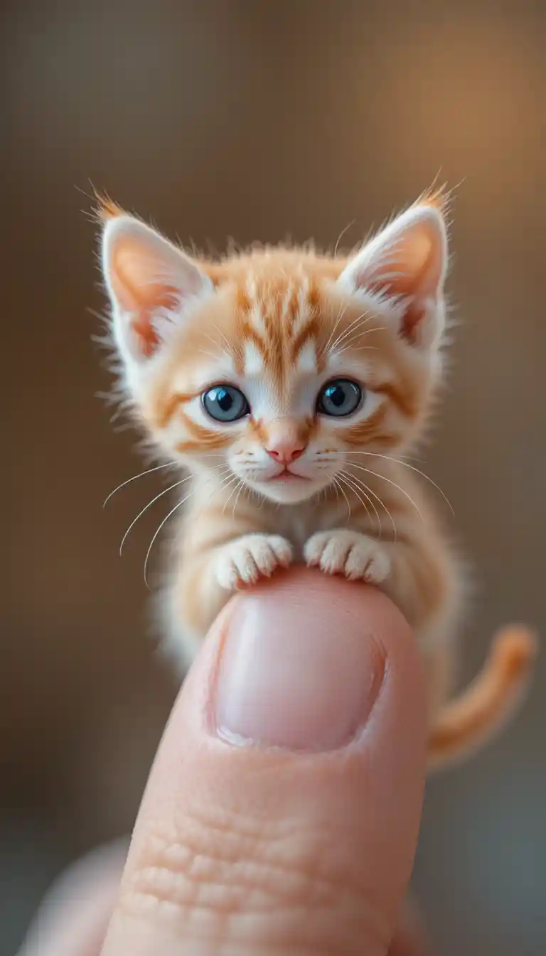 Minuscolo gattino arancione che riposa tranquillo su un pollice umano