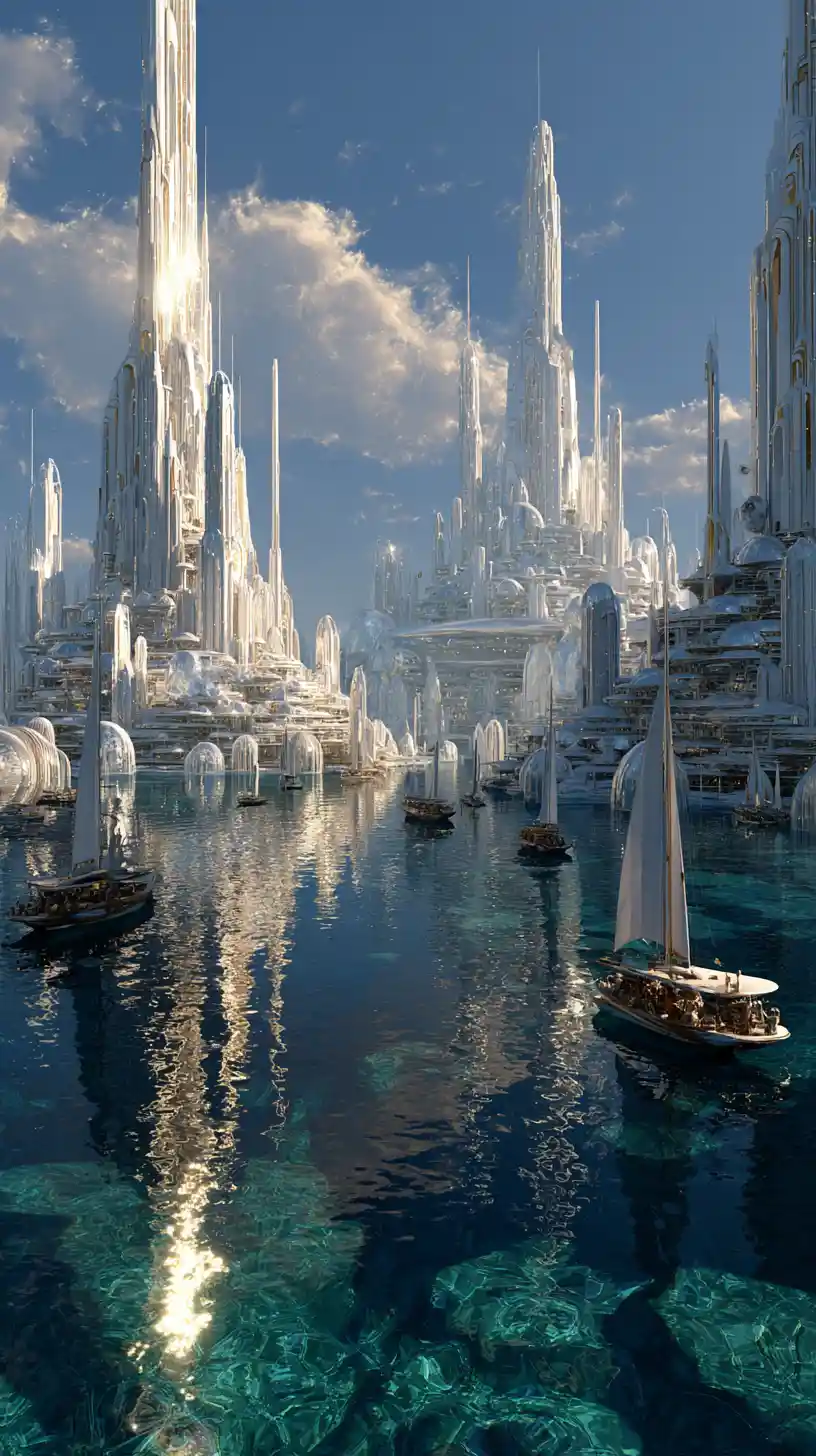 Ancient Atlantis city with concentric ocean rings and temples