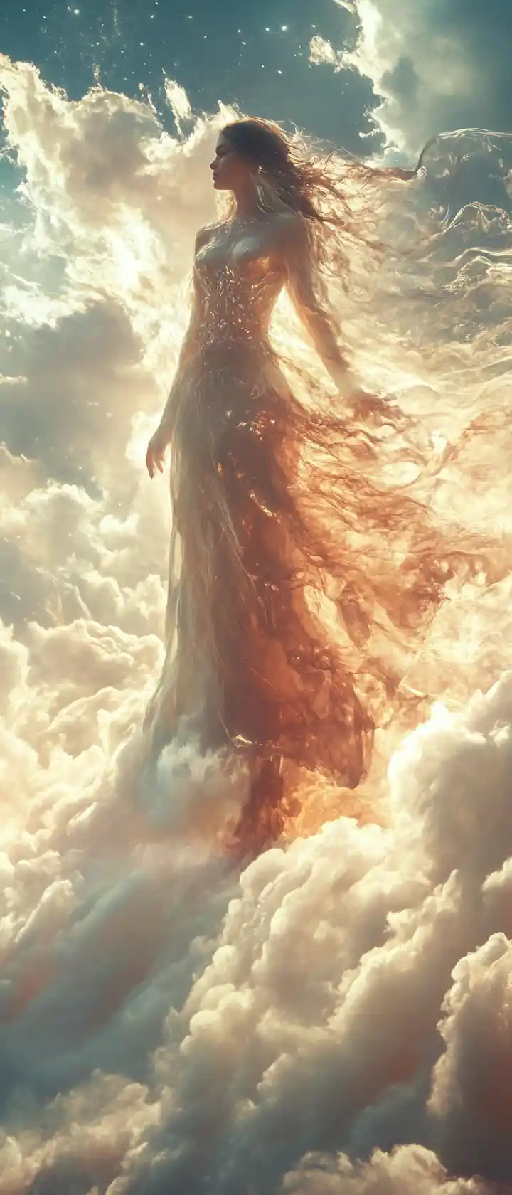 Ethereal goddess walking across sunlit fluffy clouds