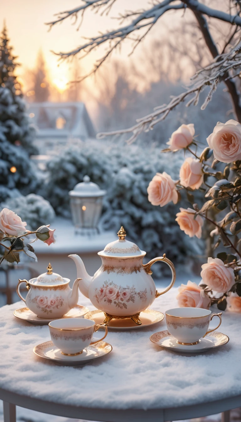 Romantic tea table in a snowy winter rose garden