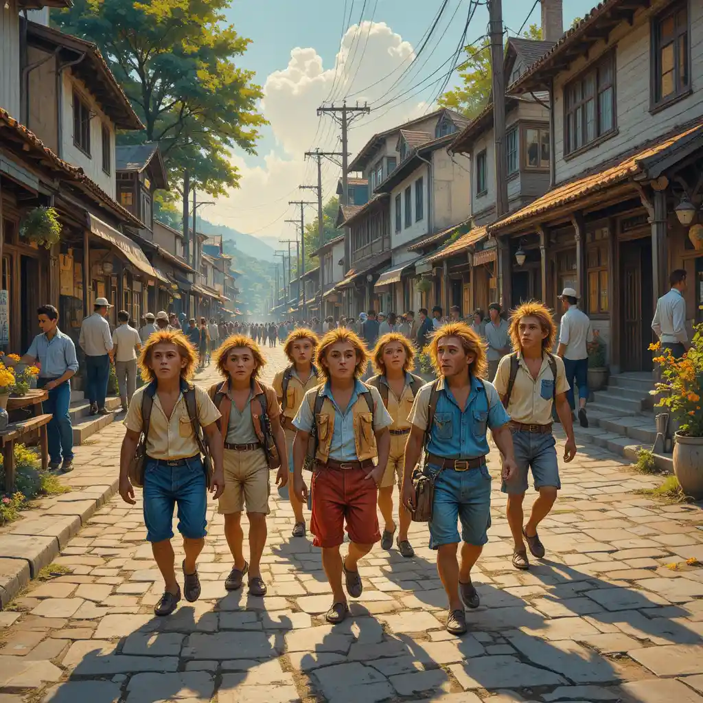Young monkeys in vintage clothes walking through village streets