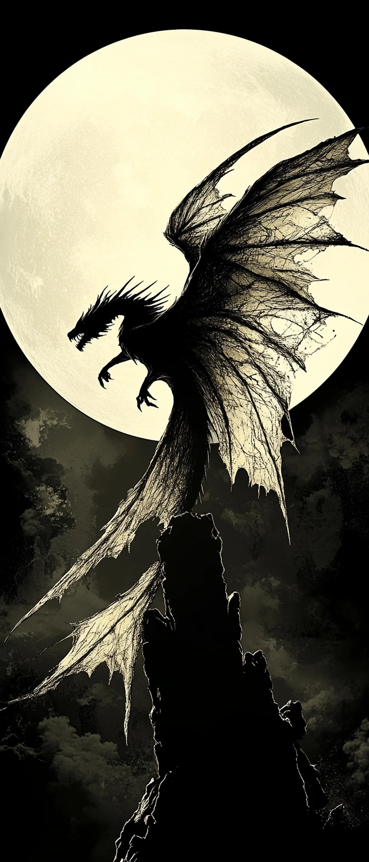 Gigantic dragon flying before a luminous full moon