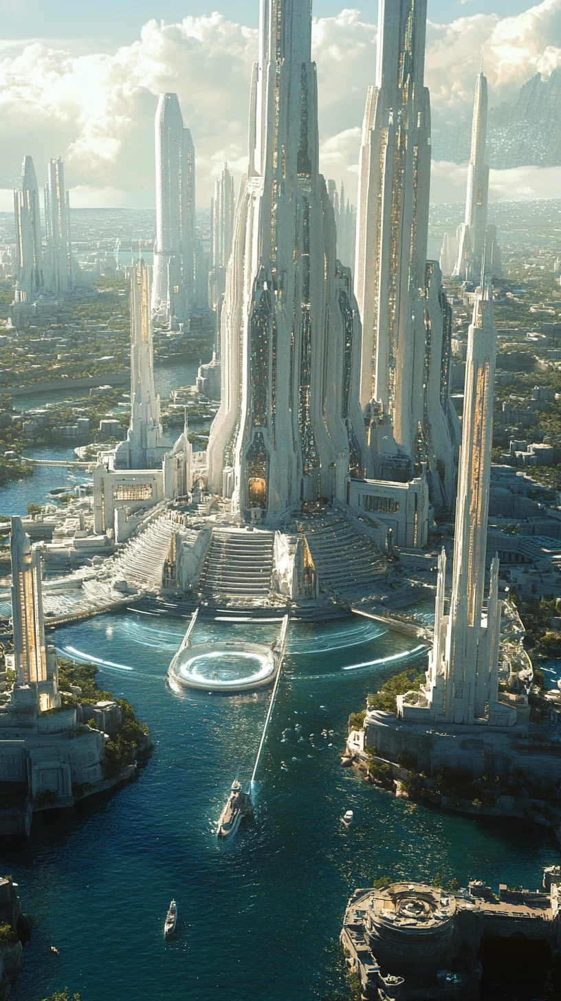 Ancient Atlantis City With Concentric Ocean Rings And Temples