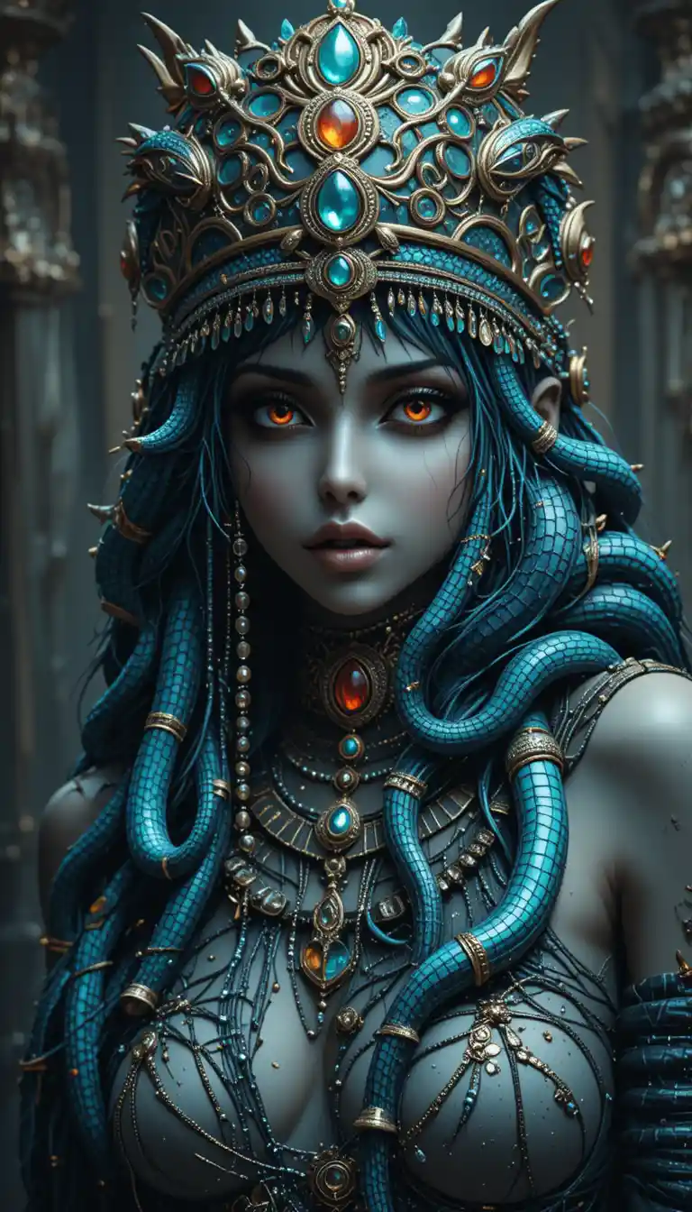 Undead gypsy pharaoh woman with writhing snakes and jewels