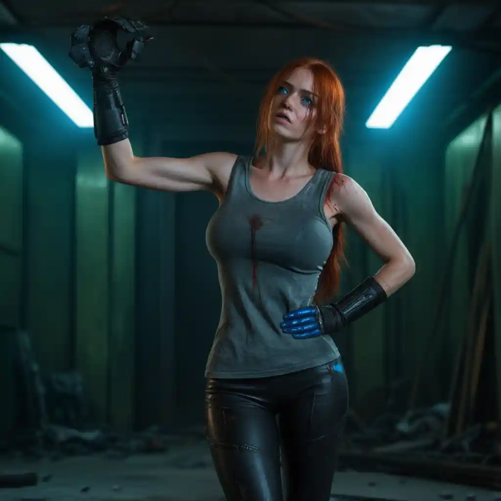 Exhausted red haired woman with sci fi tool in darkness