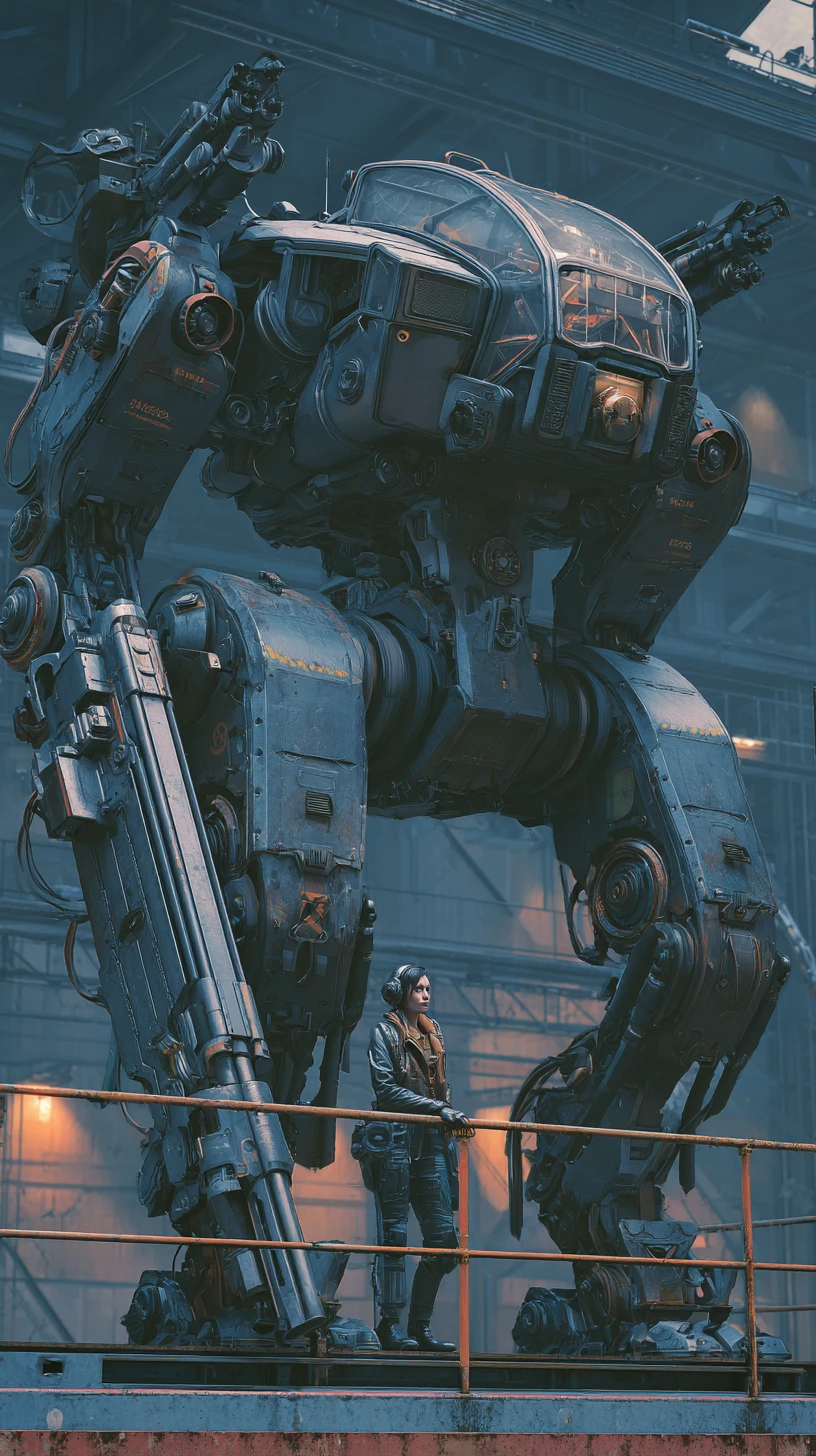 Futuristic mech exoskeleton on an industrial platform