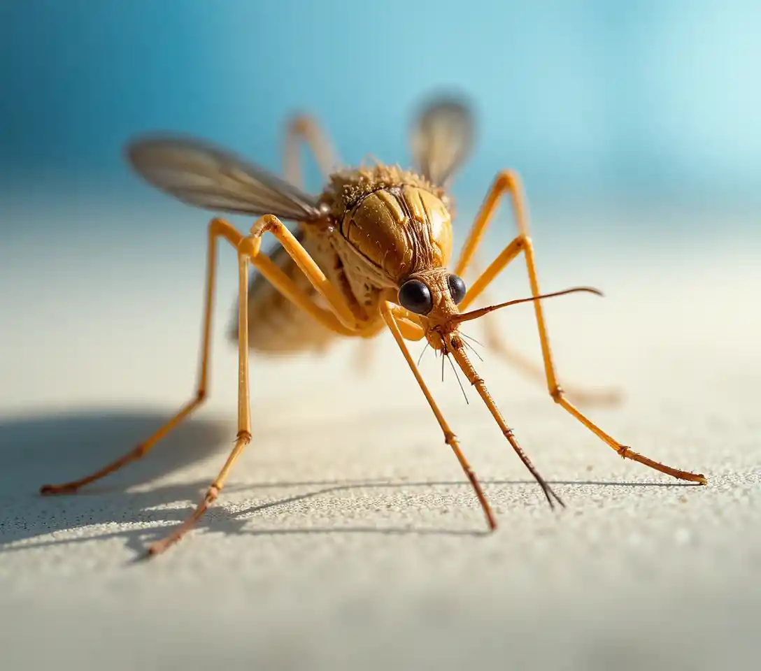 Makro-Nahaufnahme einer Mücke auf heller strukturierter Oberfläche