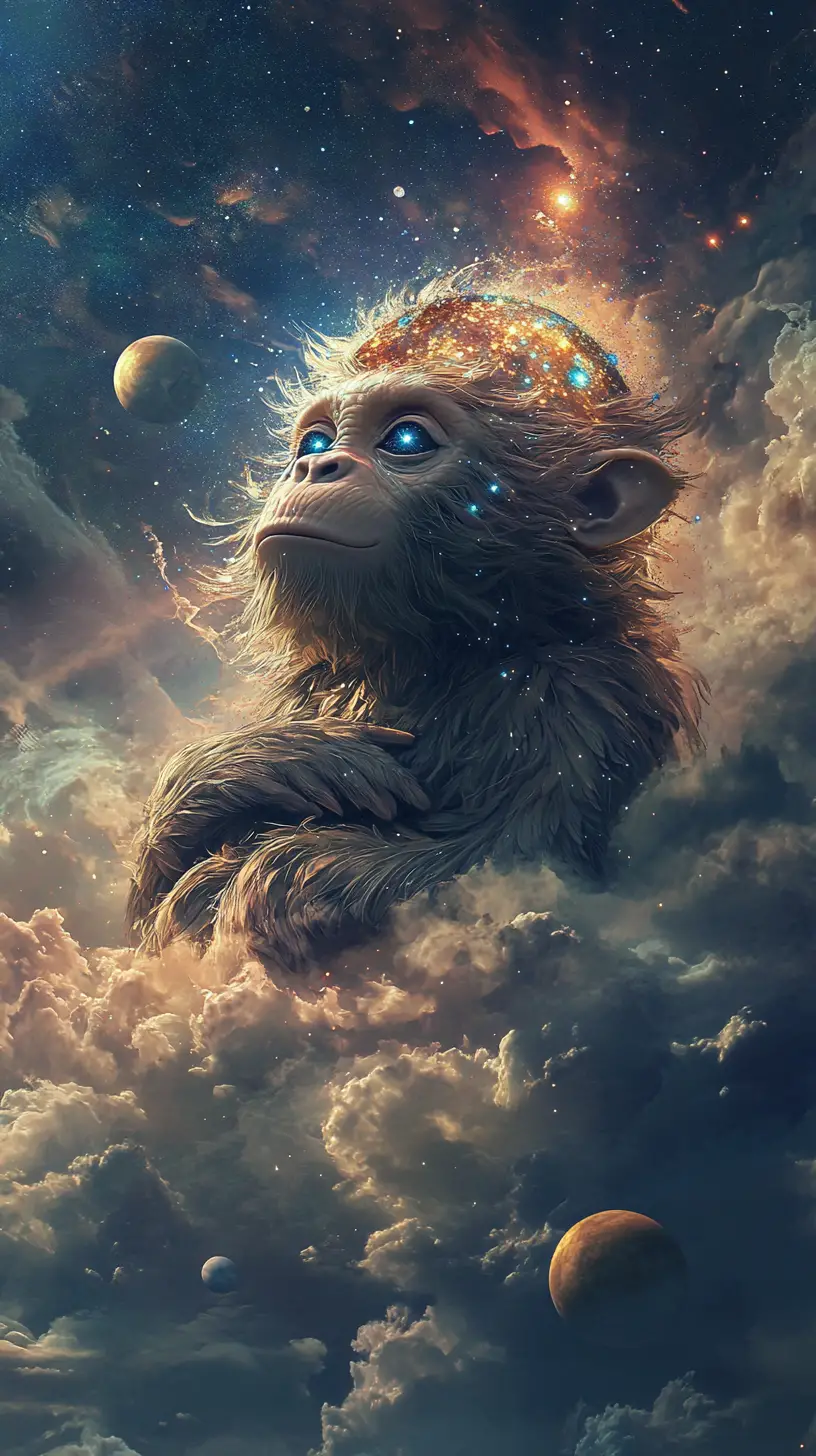 在夜空中托起發光地球的天體猿猴
