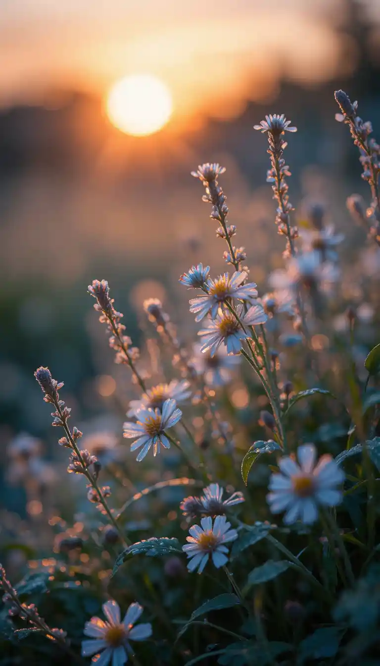 Fiori di campo coperti di rugiada che brillano dolcemente nella calda luce del tramonto