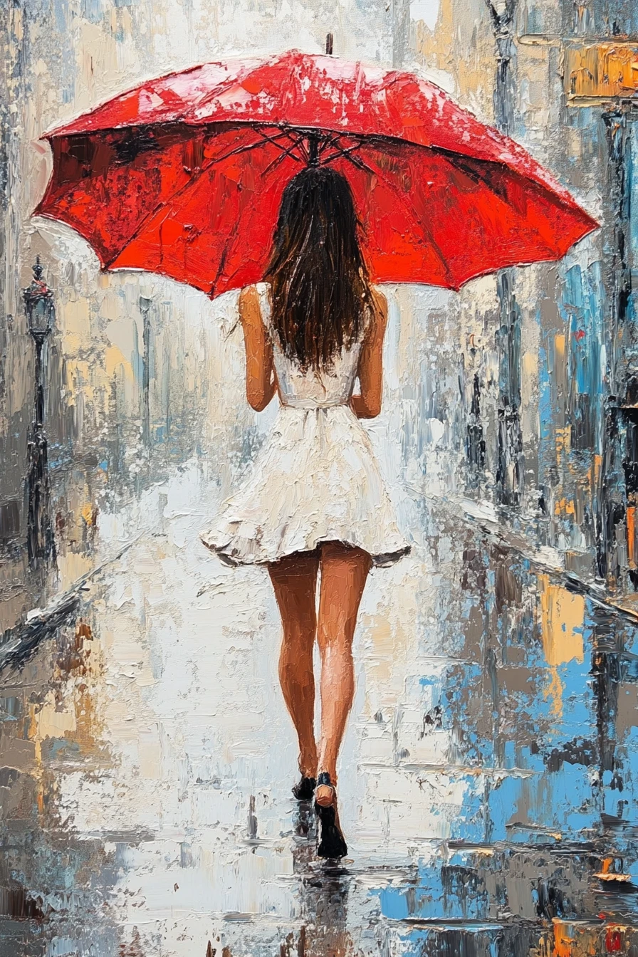 Femme élégante avec parapluie rouge dans une rue de ville pluvieuse