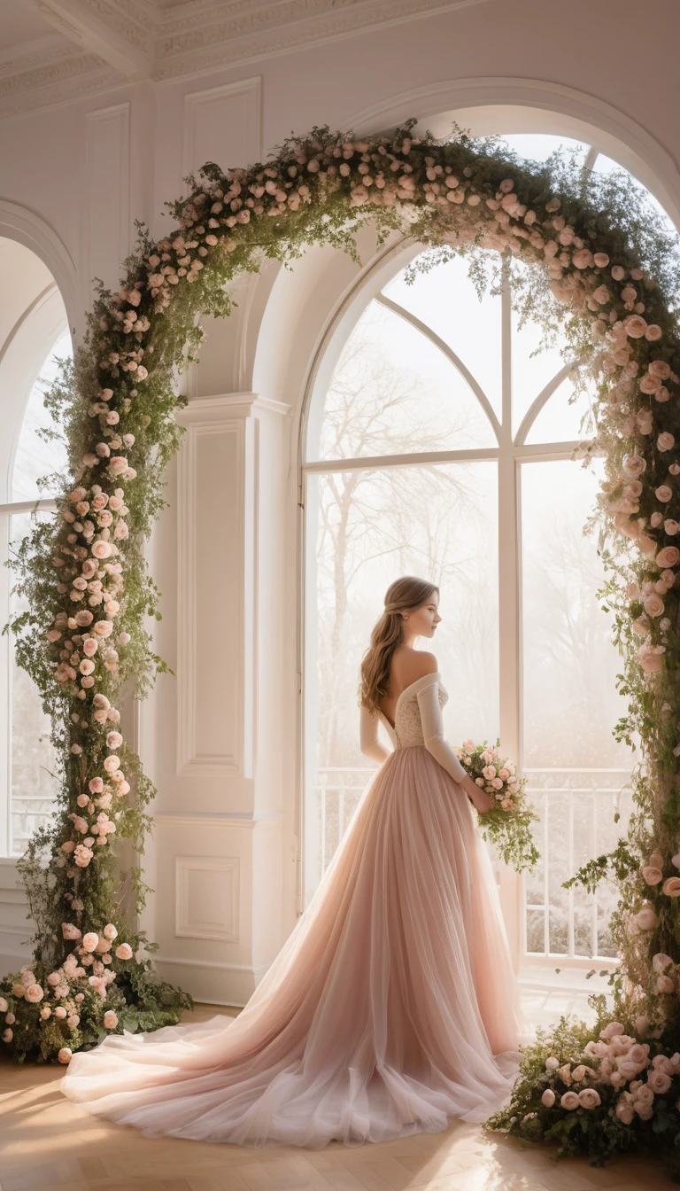 Romantic rose covered archway with sheer curtain and winter light