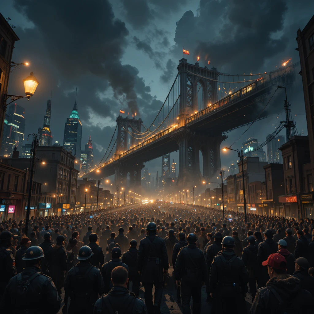 Night city skyline with collapsing bridge and chaos