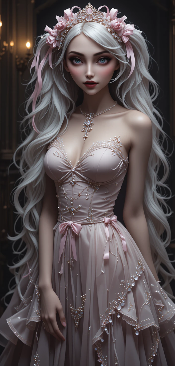 Ragazza estasiata in abito lolita gotico rosa nel boudoir