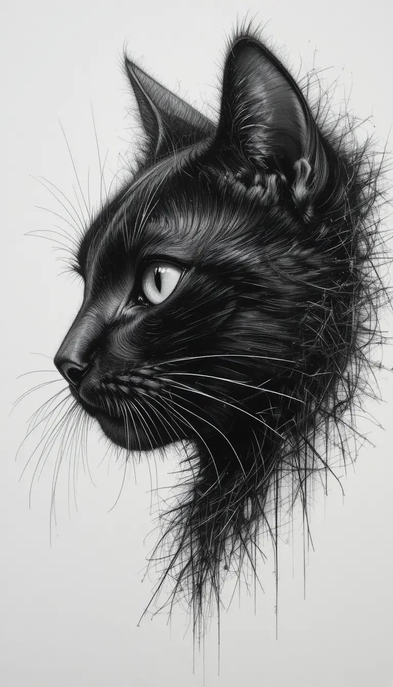 Extreme close up scratchboard portrait of a black cat