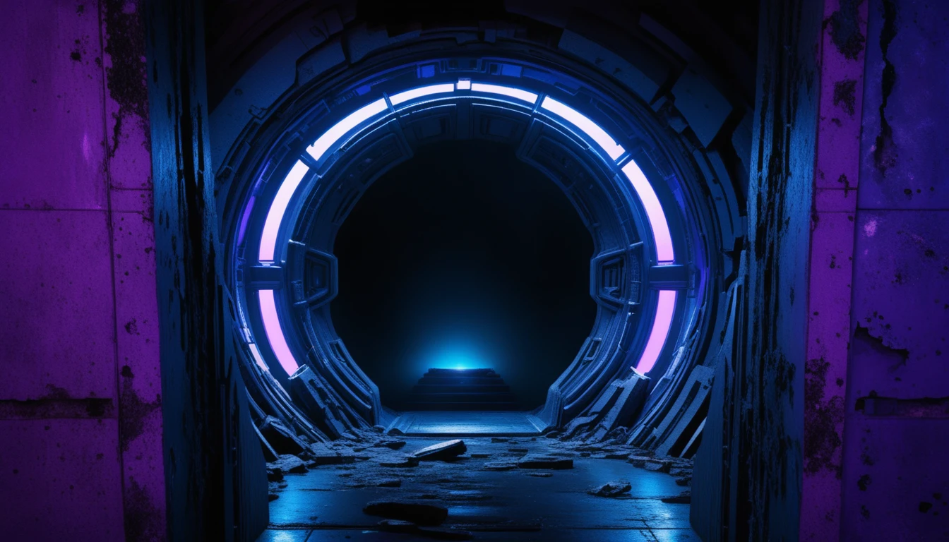Futuristic alien ruin doorway glowing with blue and purple light