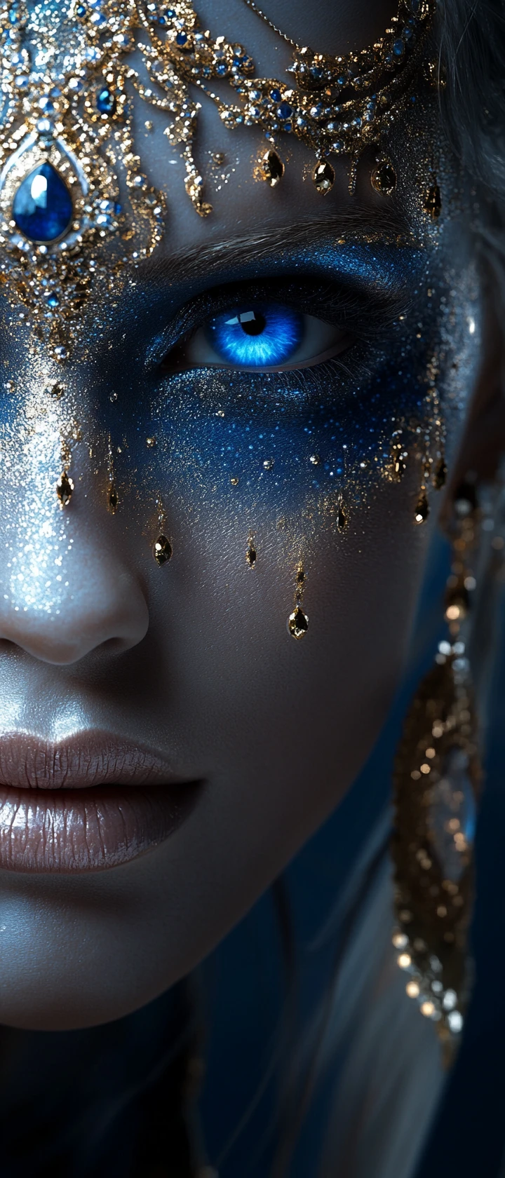 Majestic fantasy goddess portrait with sapphire eyes and jewelry